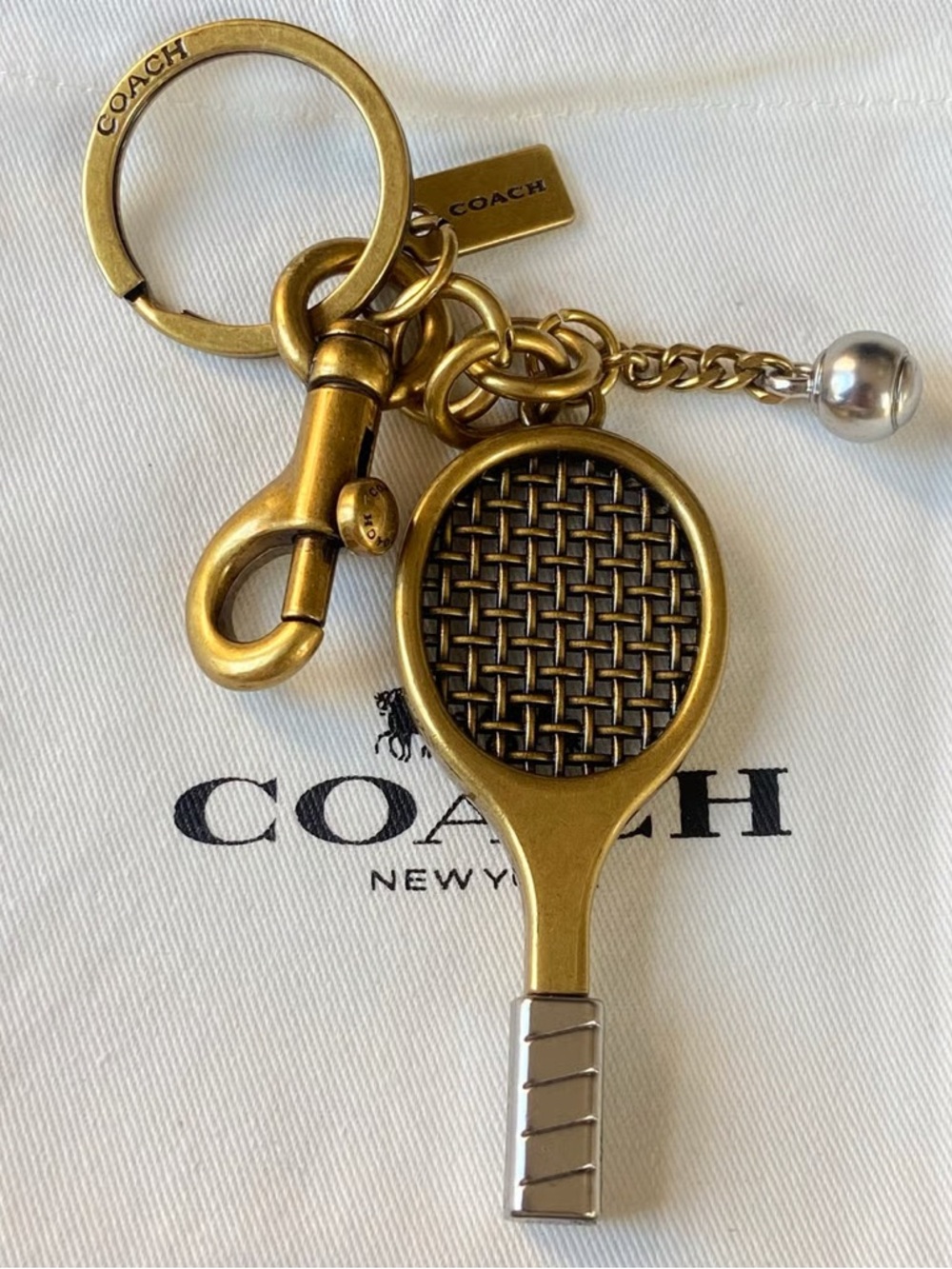 COACH Gold & Silver Tennis Racket Bag Charm/Key Chain w/Dust Bag 🎾